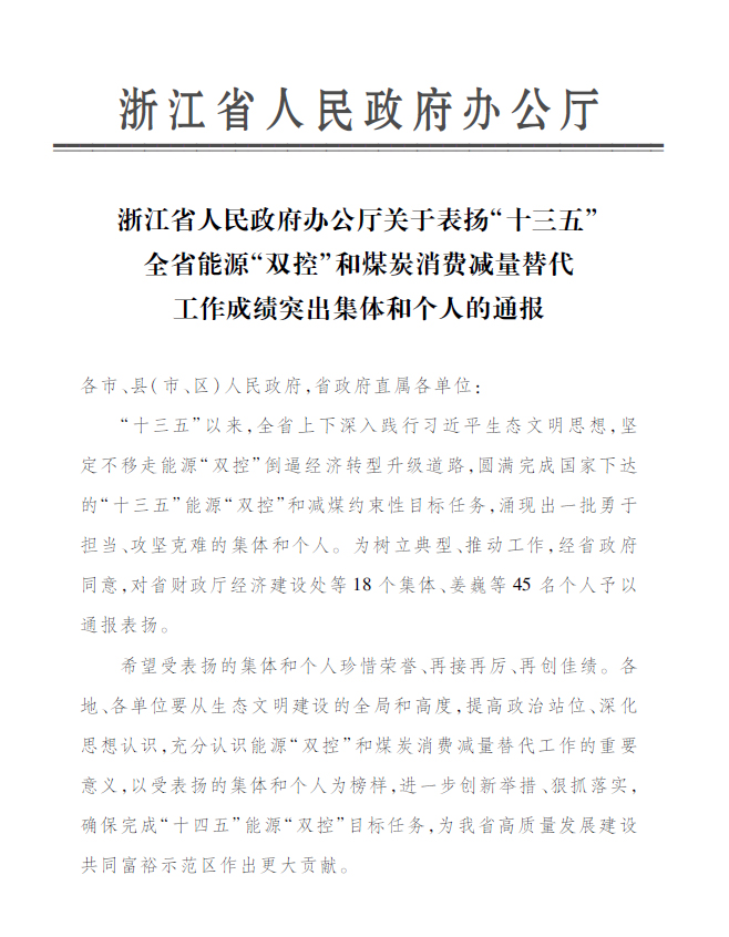 IM电竞永嘉公司付金轩获“浙江省能源‘双控’工作成绩突出个人”表彰